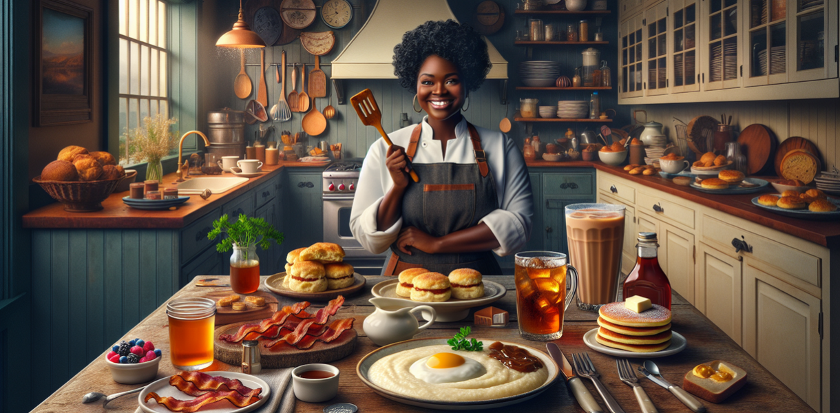 "alt_text": "Ilustrasi duel antara semangkuk grits dan beragam menu sarapan khas Amerika."