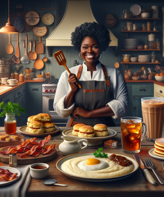 "alt_text": "Ilustrasi duel antara semangkuk grits dan beragam menu sarapan khas Amerika."