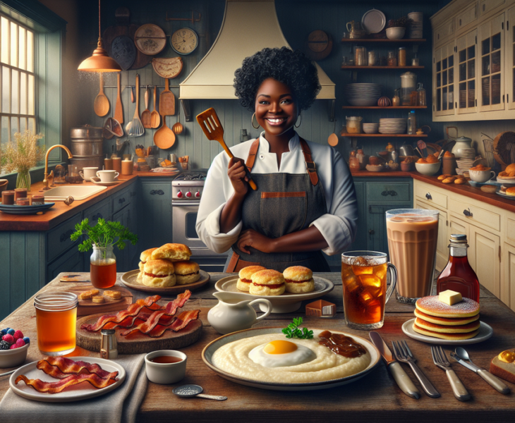 "alt_text": "Ilustrasi duel antara semangkuk grits dan beragam menu sarapan khas Amerika."