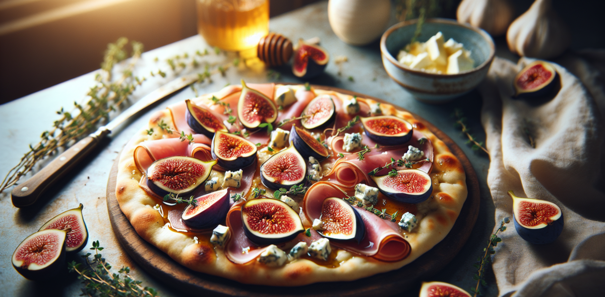 alt_text: Flatbread dengan ara dan keju biru di atas meja rumah minimalis.