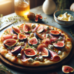 alt_text: Flatbread dengan ara dan keju biru di atas meja rumah minimalis.