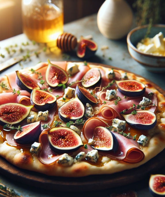 alt_text: Flatbread dengan ara dan keju biru di atas meja rumah minimalis.