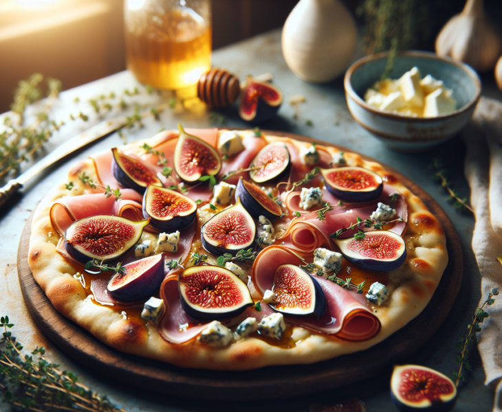 alt_text: Flatbread dengan ara dan keju biru di atas meja rumah minimalis.