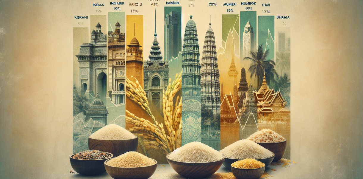 alt_text: Tajuk berita tentang fluktuasi harga beras di Asia ditampilkan secara grafis.