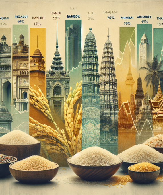 alt_text: Tajuk berita tentang fluktuasi harga beras di Asia ditampilkan secara grafis.