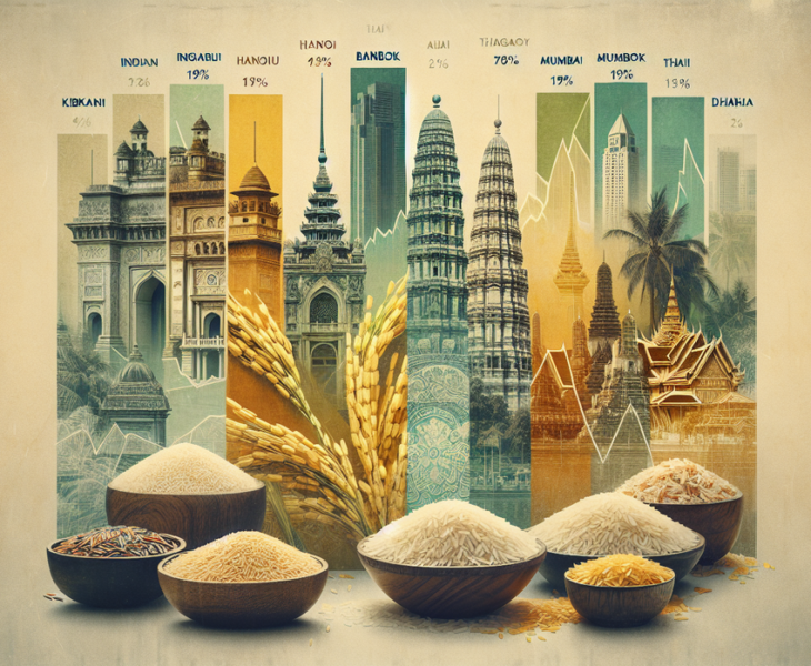 alt_text: Tajuk berita tentang fluktuasi harga beras di Asia ditampilkan secara grafis.