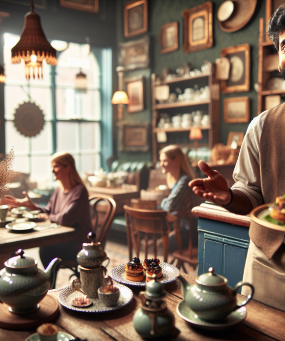 "alt_text": "Orang berbincang hangat sambil menikmati teh, memancarkan keakraban dan kebersamaan."