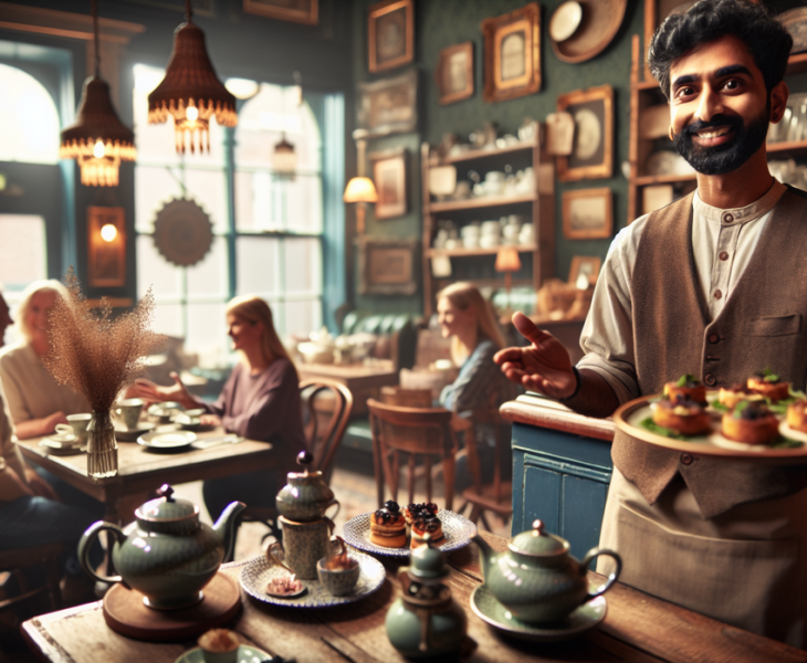 "alt_text": "Orang berbincang hangat sambil menikmati teh, memancarkan keakraban dan kebersamaan."