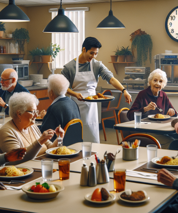 alt_text: Sekelompok lansia bercengkerama hangat di sekitar meja makan, menikmati kebersamaan.