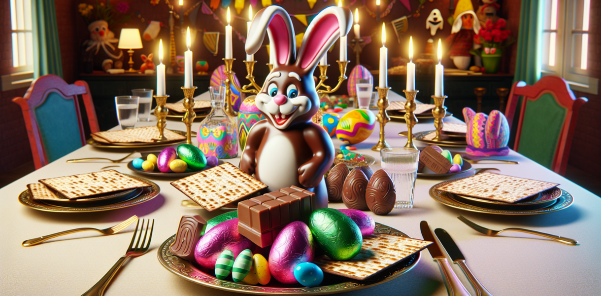 alt_text: Kelinci cokelat dan matzah dirayakan bersama pada libur besar tahun 2026.