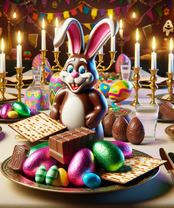 alt_text: Kelinci cokelat dan matzah dirayakan bersama pada libur besar tahun 2026.