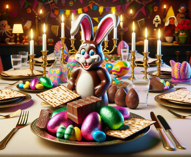 alt_text: Kelinci cokelat dan matzah dirayakan bersama pada libur besar tahun 2026.