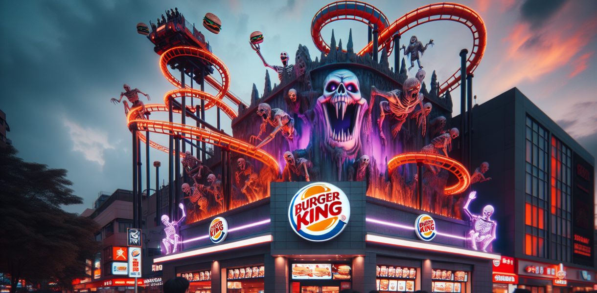 "alt_text": "Iklan Burger King menampilkan roller coaster horor dengan tema seru dan menyenangkan."