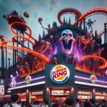 "alt_text": "Iklan Burger King menampilkan roller coaster horor dengan tema seru dan menyenangkan."