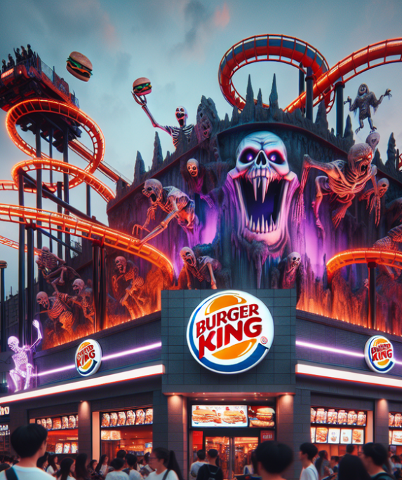 "alt_text": "Iklan Burger King menampilkan roller coaster horor dengan tema seru dan menyenangkan."