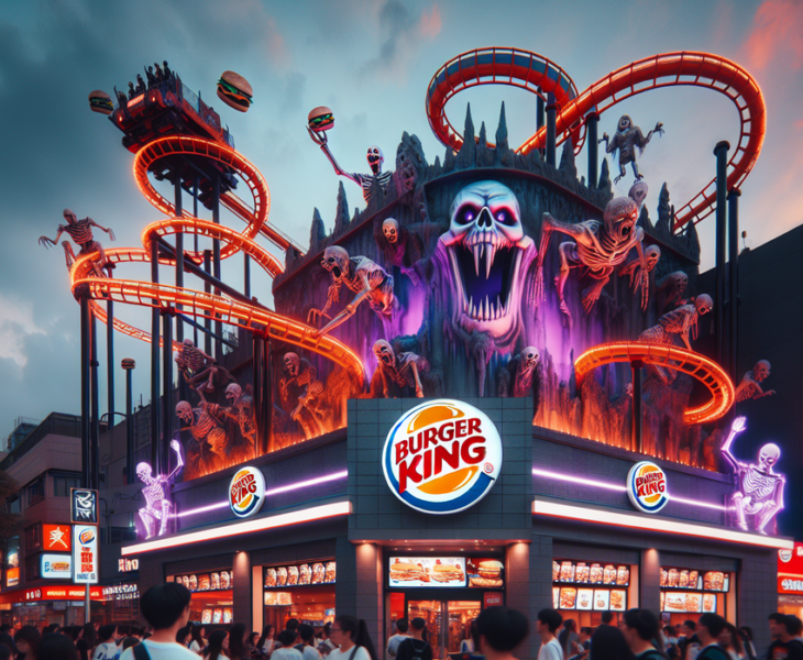 "alt_text": "Iklan Burger King menampilkan roller coaster horor dengan tema seru dan menyenangkan."