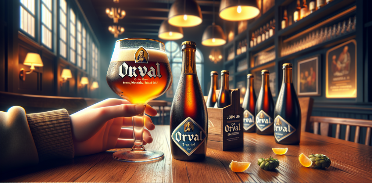 alt_text: Orang-orang bersorak sambil menikmati bir Orval di festival bir Belgia yang meriah.