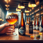 alt_text: Orang-orang bersorak sambil menikmati bir Orval di festival bir Belgia yang meriah.