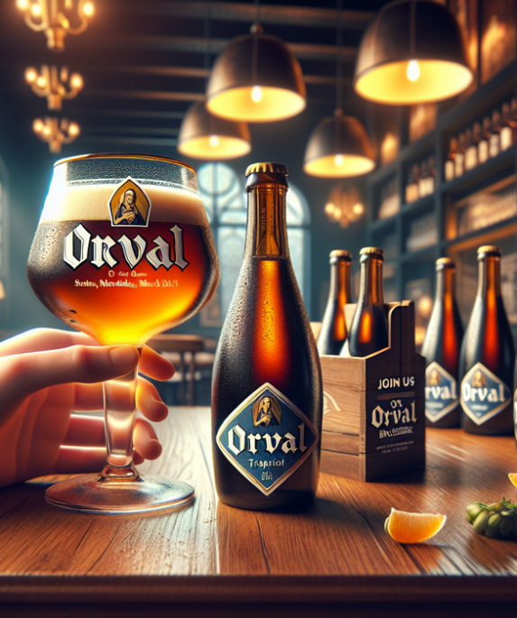 alt_text: Orang-orang bersorak sambil menikmati bir Orval di festival bir Belgia yang meriah.