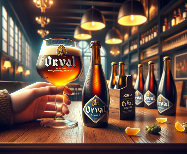 alt_text: Orang-orang bersorak sambil menikmati bir Orval di festival bir Belgia yang meriah.