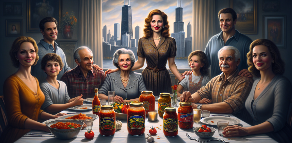 alt_text: Potret keluarga bahagia di dapur, memegang botol saus khas, latar Chicago.