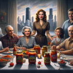 alt_text: Potret keluarga bahagia di dapur, memegang botol saus khas, latar Chicago.