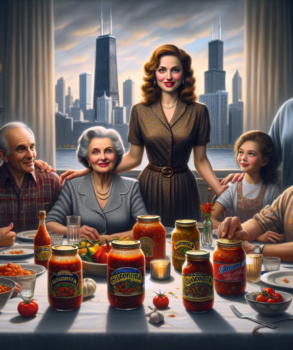 alt_text: Potret keluarga bahagia di dapur, memegang botol saus khas, latar Chicago.