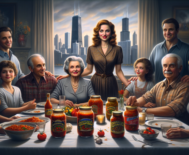 alt_text: Potret keluarga bahagia di dapur, memegang botol saus khas, latar Chicago.