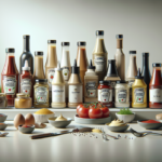 alt_text: Foto menunjukkan botol saus dan bumbu berwarna-warni di atas meja kayu yang ditata dengan estetis.