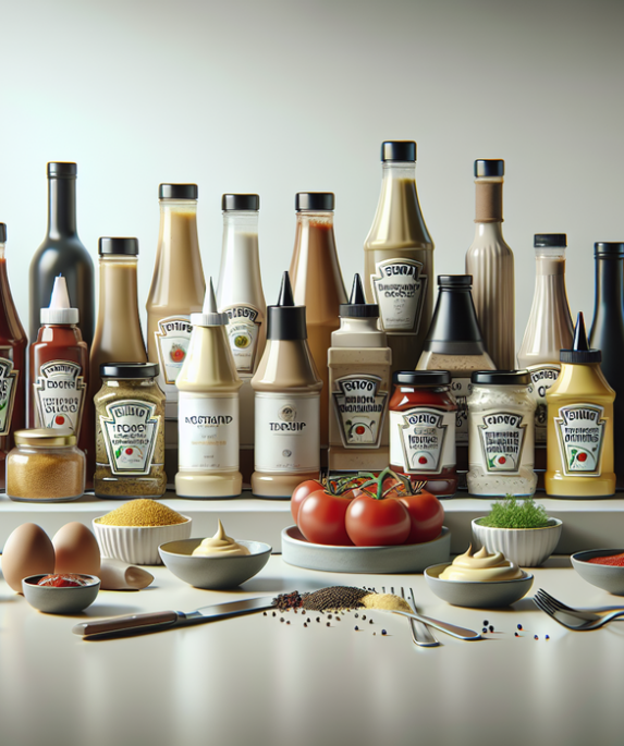 alt_text: Foto menunjukkan botol saus dan bumbu berwarna-warni di atas meja kayu yang ditata dengan estetis.