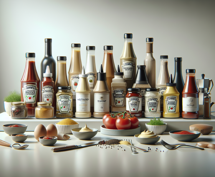 alt_text: Foto menunjukkan botol saus dan bumbu berwarna-warni di atas meja kayu yang ditata dengan estetis.