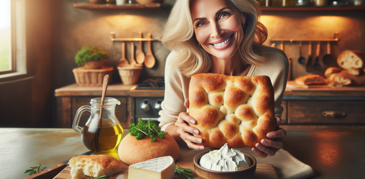 "alt_text": "Focaccia lembut Lidia dengan keju Italia, siap disajikan dalam pesta kuliner."