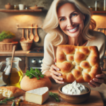 "alt_text": "Focaccia lembut Lidia dengan keju Italia, siap disajikan dalam pesta kuliner."