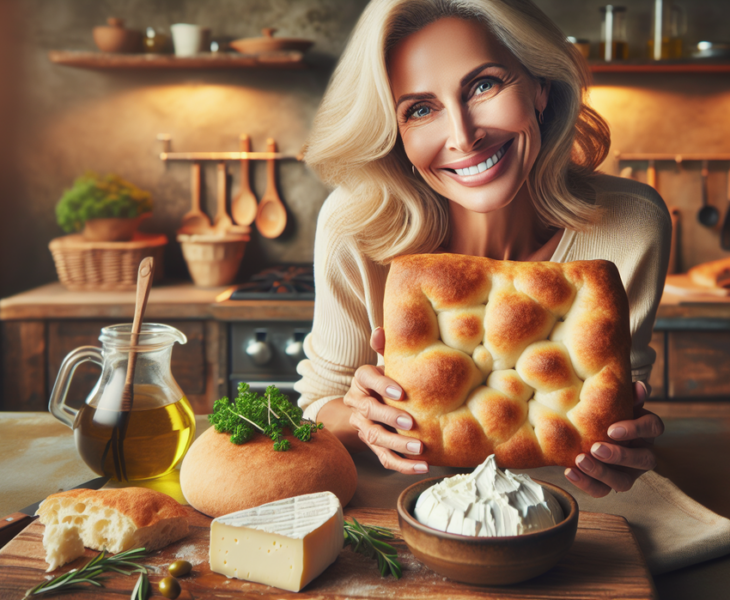 "alt_text": "Focaccia lembut Lidia dengan keju Italia, siap disajikan dalam pesta kuliner."