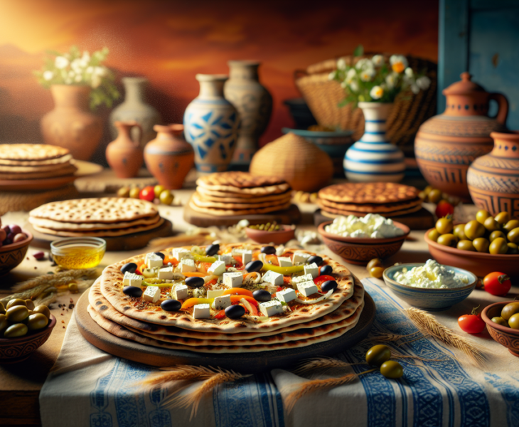 alt_text: Flatbread Yunani di dapur minimalis modern dengan dekorasi stylish dan peralatan memasak.