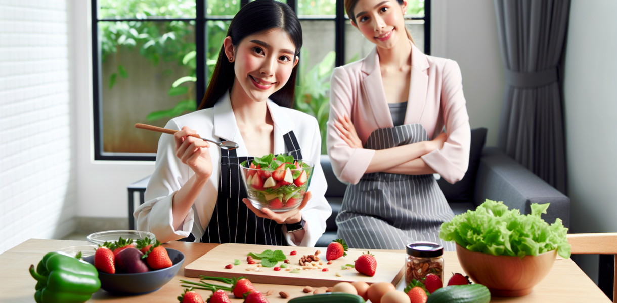 alt_text: Salad segar dengan ketimun, stroberi, dan feta, tersaji dalam mangkuk putih.