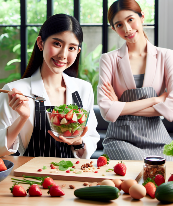 alt_text: Salad segar dengan ketimun, stroberi, dan feta, tersaji dalam mangkuk putih.