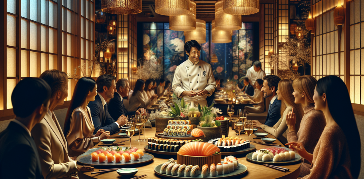 alt_text: Pesta mewah merayakan 10 tahun Matsuhisa Cherry Creek dengan dekorasi glamor dan hidangan istimewa.