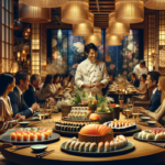 alt_text: Pesta mewah merayakan 10 tahun Matsuhisa Cherry Creek dengan dekorasi glamor dan hidangan istimewa.