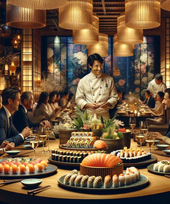 alt_text: Pesta mewah merayakan 10 tahun Matsuhisa Cherry Creek dengan dekorasi glamor dan hidangan istimewa.