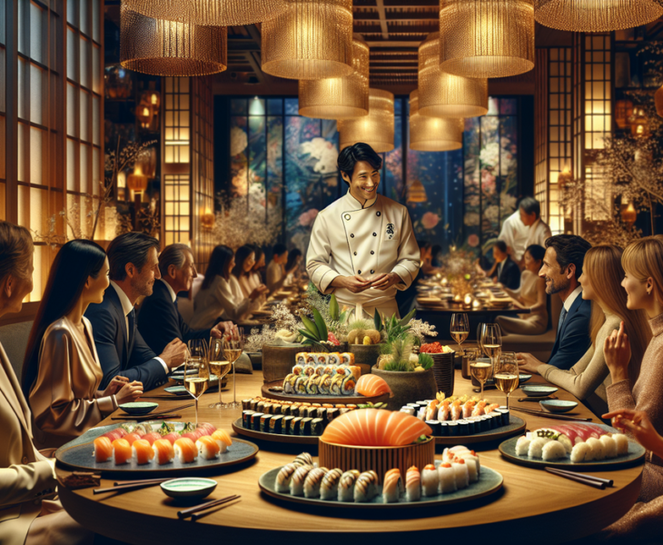 alt_text: Pesta mewah merayakan 10 tahun Matsuhisa Cherry Creek dengan dekorasi glamor dan hidangan istimewa.