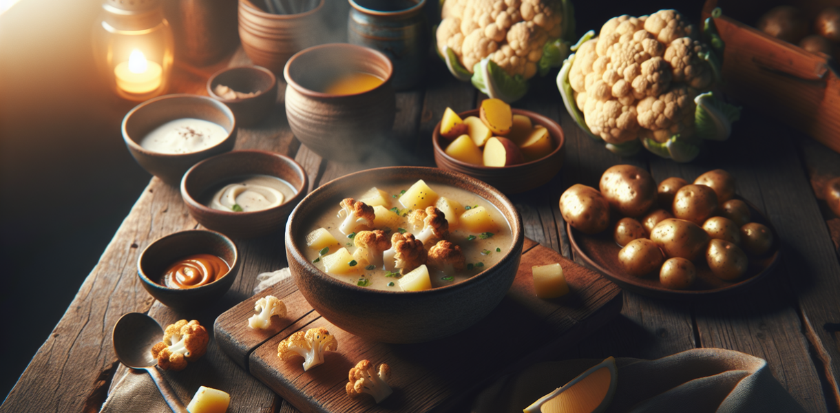 "alt_text": "Mangkuk sup kembang kol panggang dengan potongan kentang di dalamnya."