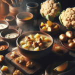 "alt_text": "Mangkuk sup kembang kol panggang dengan potongan kentang di dalamnya."