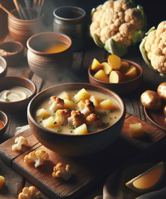 "alt_text": "Mangkuk sup kembang kol panggang dengan potongan kentang di dalamnya."