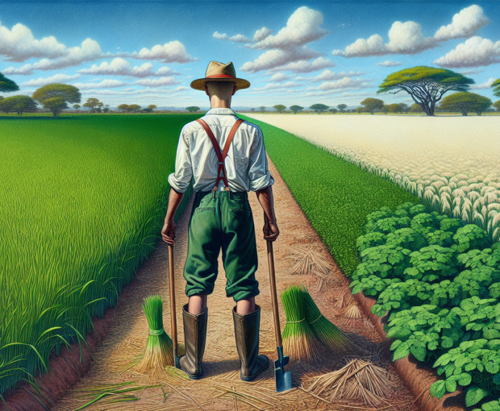 alt_text: Petani beralih dari omahangu tradisional ke pertanian padi modern dengan teknologi canggih.