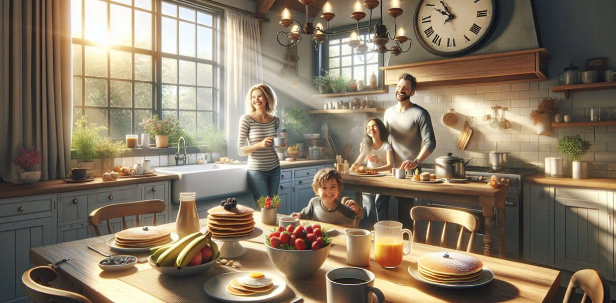 alt_text: Sarapan keluarga di meja dapur dengan bacon yang baru dimasak dan aroma menguar di Sabtu pagi.