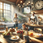 alt_text: Sarapan keluarga di meja dapur dengan bacon yang baru dimasak dan aroma menguar di Sabtu pagi.