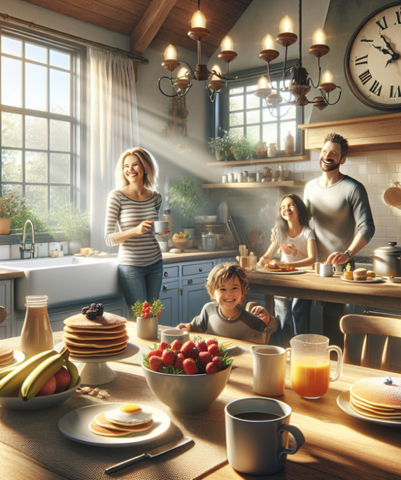 alt_text: Sarapan keluarga di meja dapur dengan bacon yang baru dimasak dan aroma menguar di Sabtu pagi.