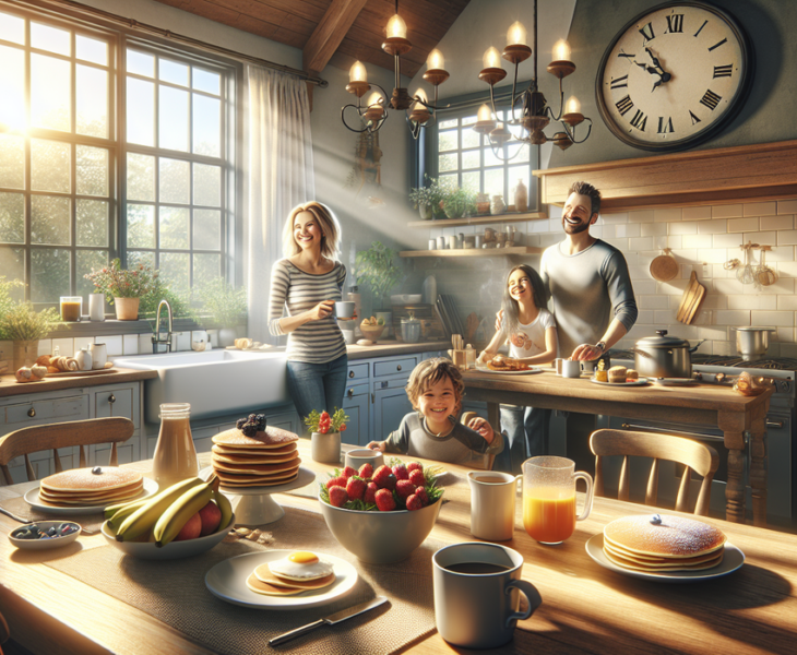 alt_text: Sarapan keluarga di meja dapur dengan bacon yang baru dimasak dan aroma menguar di Sabtu pagi.