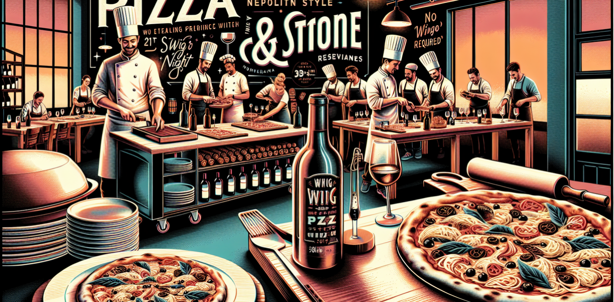 alt_text: Suasana ramai di Malam Pizza dengan pengunjung menikmati pizza di Viaggio Wine Merchant.